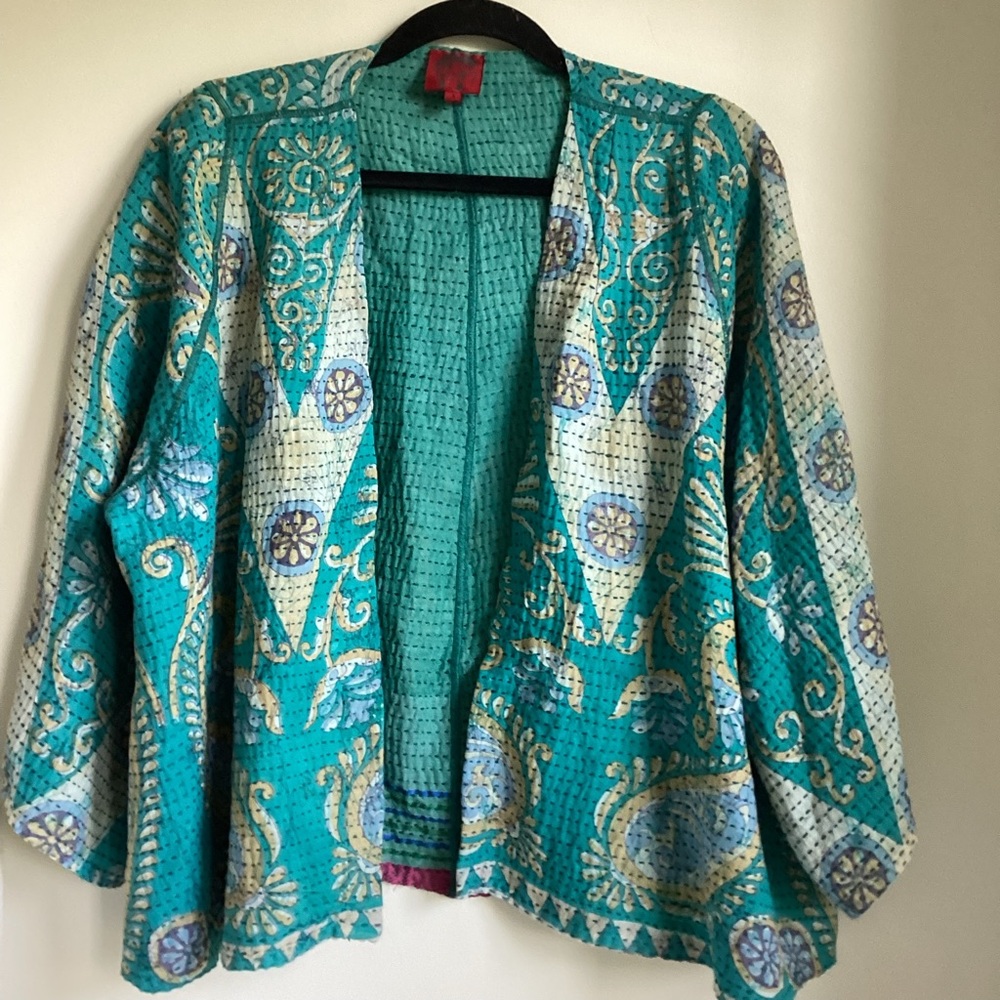 Mieko Mintz Vintage Cotton Kantha Short Jacket Size 1 One Size Blue Patchwork